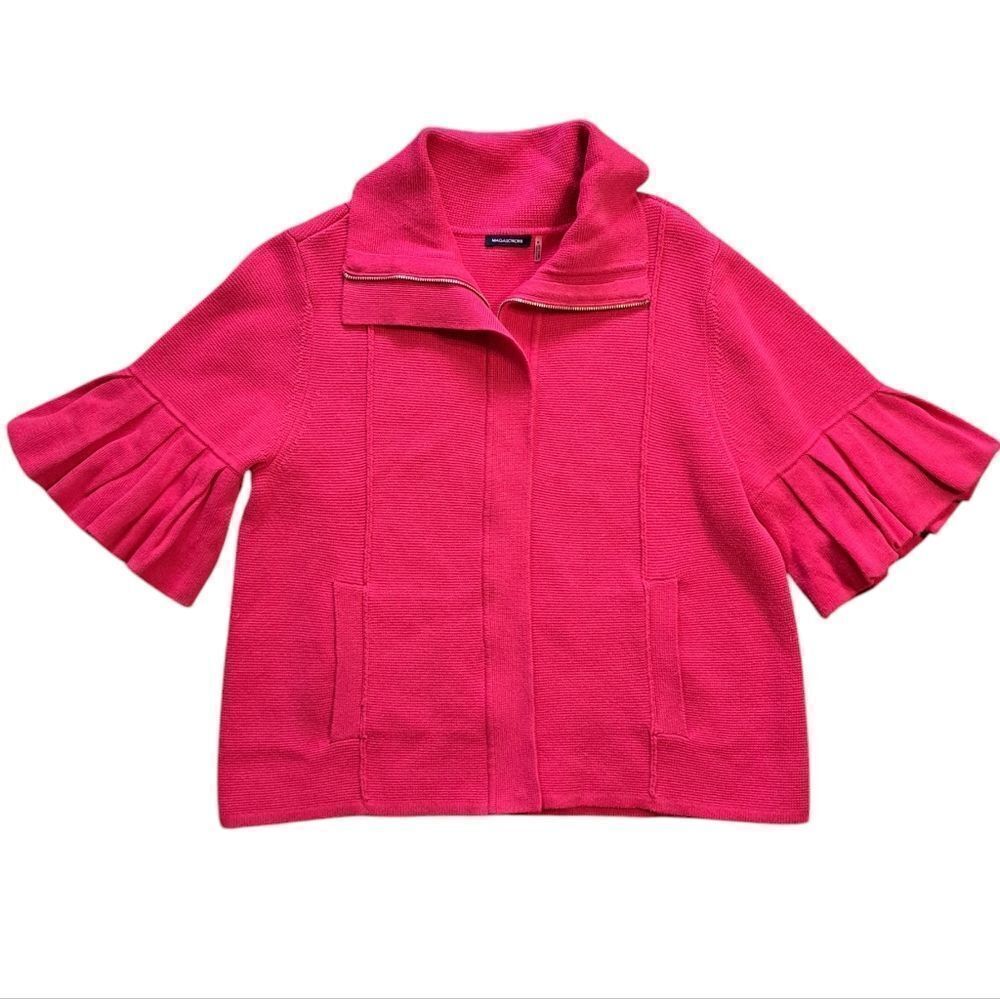 Magaschoni Barbiecore Full Zip Knit Top Cardigan Ruffled Sleeve Jacket Med Pink